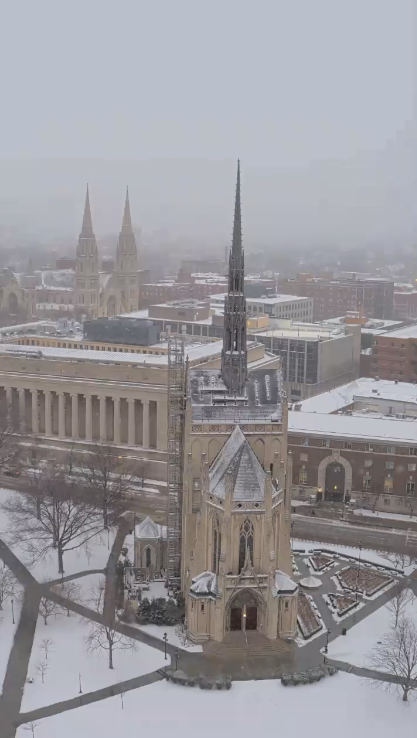 The Chapel with the scaffolding almost entirely removed, covered in snow