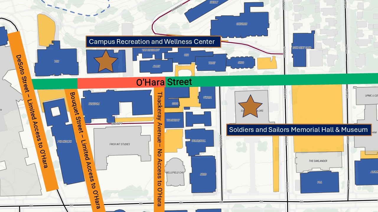 Map of the road closure. O'Hara Street is closed from Bouquet to Thackeray. There is limited access to O'Hara Street from Bouquet and DeSoto. There is full access east of Thackeray. 